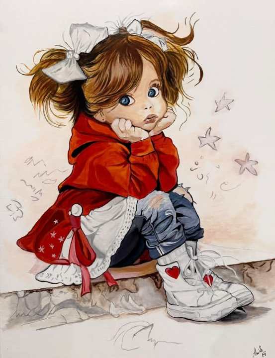 Big-eyed little girl in red coat with white bow sitting near stars