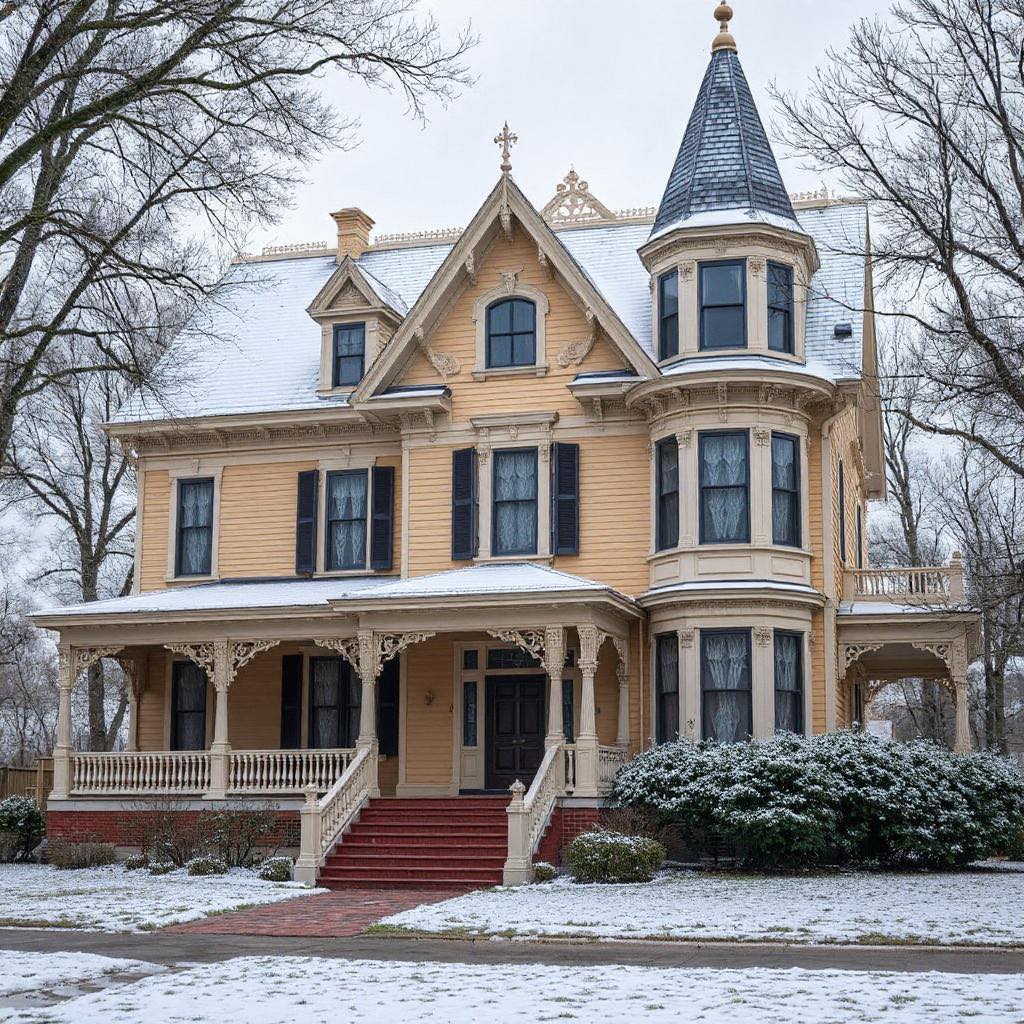 Yellow Victorian house with turret and porch covered in light snow, framed by bare winter trees