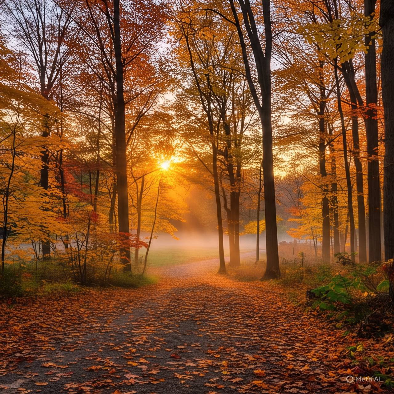 Foggy forest path surrounded by autumn trees with golden sunlight breaking through orange and yellow foliage