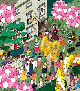 Illustrated outdoor 40th birthday party scene with pink and yellow balloons, guests, and a decorated house