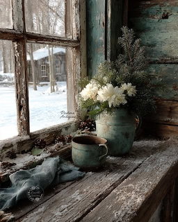 White flowers on a rustic windowsill beside a mug, with snow visible through an old window