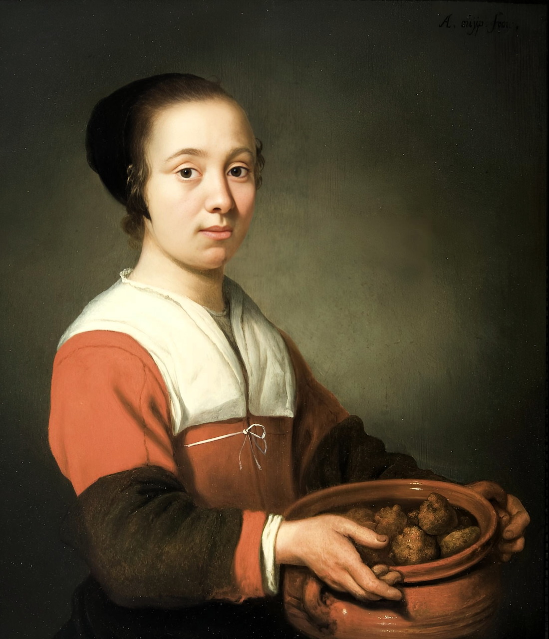 Dutch Golden Age painting of a young woman in red and white holding a bowl of fritters, by Aelbert Cuyp, 1650.