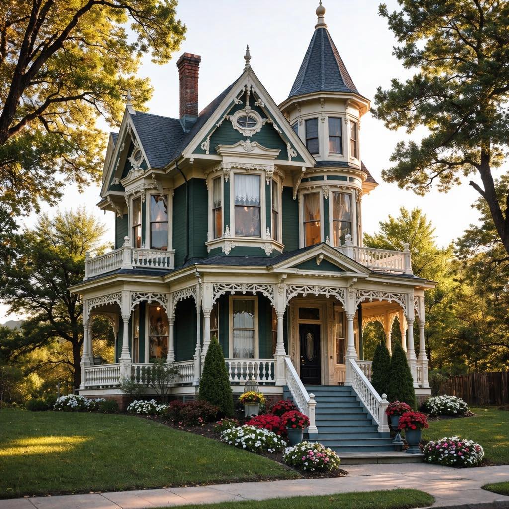 Victorian house with turret, porch, and flower gardens in autumn light