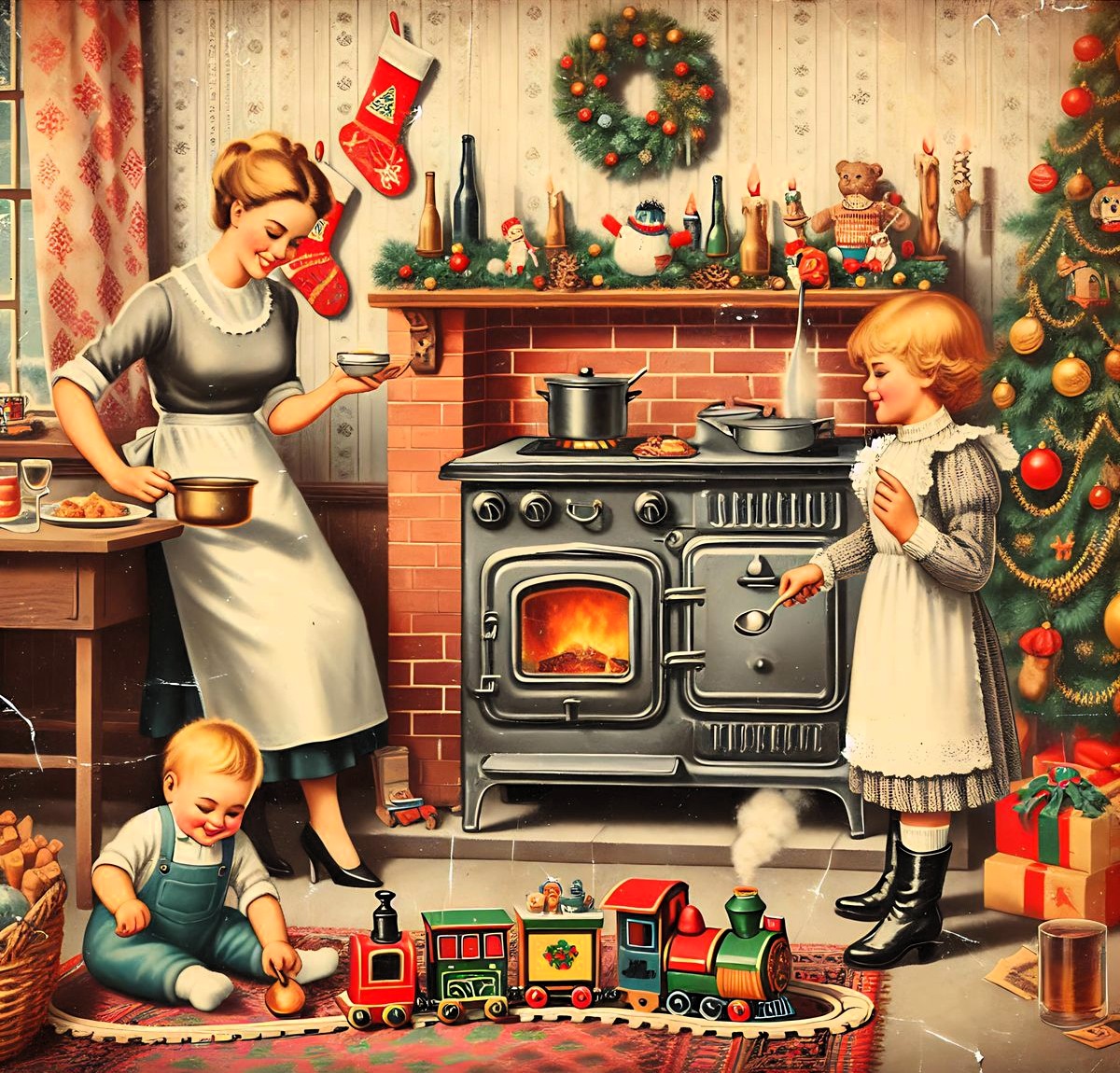 Vintage illustration of mother cooking in festive kitchen with children playing by Christmas tree