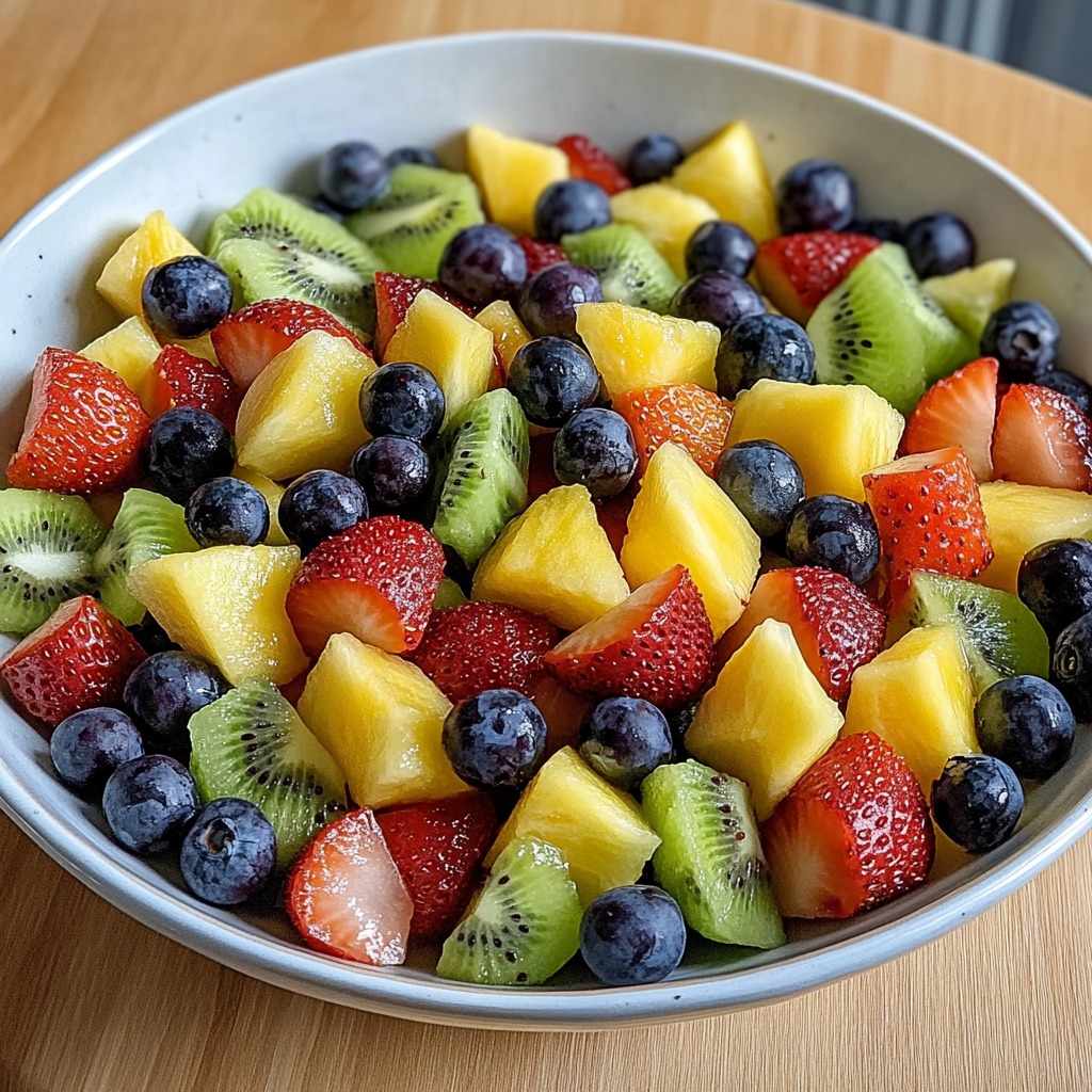 Bowl of fruit salad with strawberries, blueberries, kiwi, and pineapple pieces