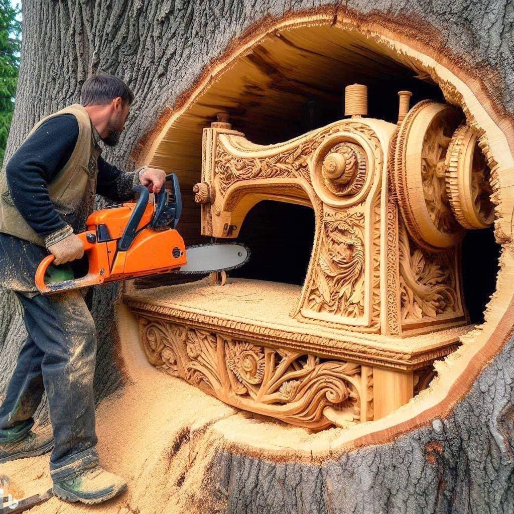 Sculpted Sewing Machine in Tree
