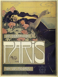 Vintage Art Nouveau poster of a reclining woman with flowers and large Paris text