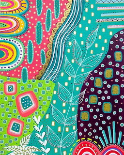 Vibrant patchwork quilt-style design with geometric patterns, dots, and floral elements in bright colors