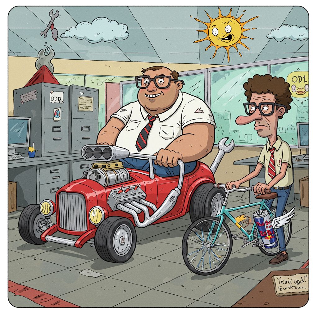 Two cartoon men in an office with a red hot rod car and bicycle