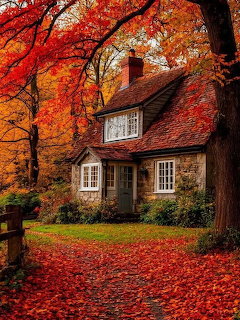 Stone cottage with white windows nestled among trees with bright red and orange autumn leaves
