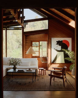 Cozy wooden cabin living room with white sofa, exposed beams, and modern art on the wall