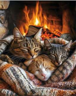 Three sleeping cats cuddled in a knitted blanket basket before a warm fireplace.