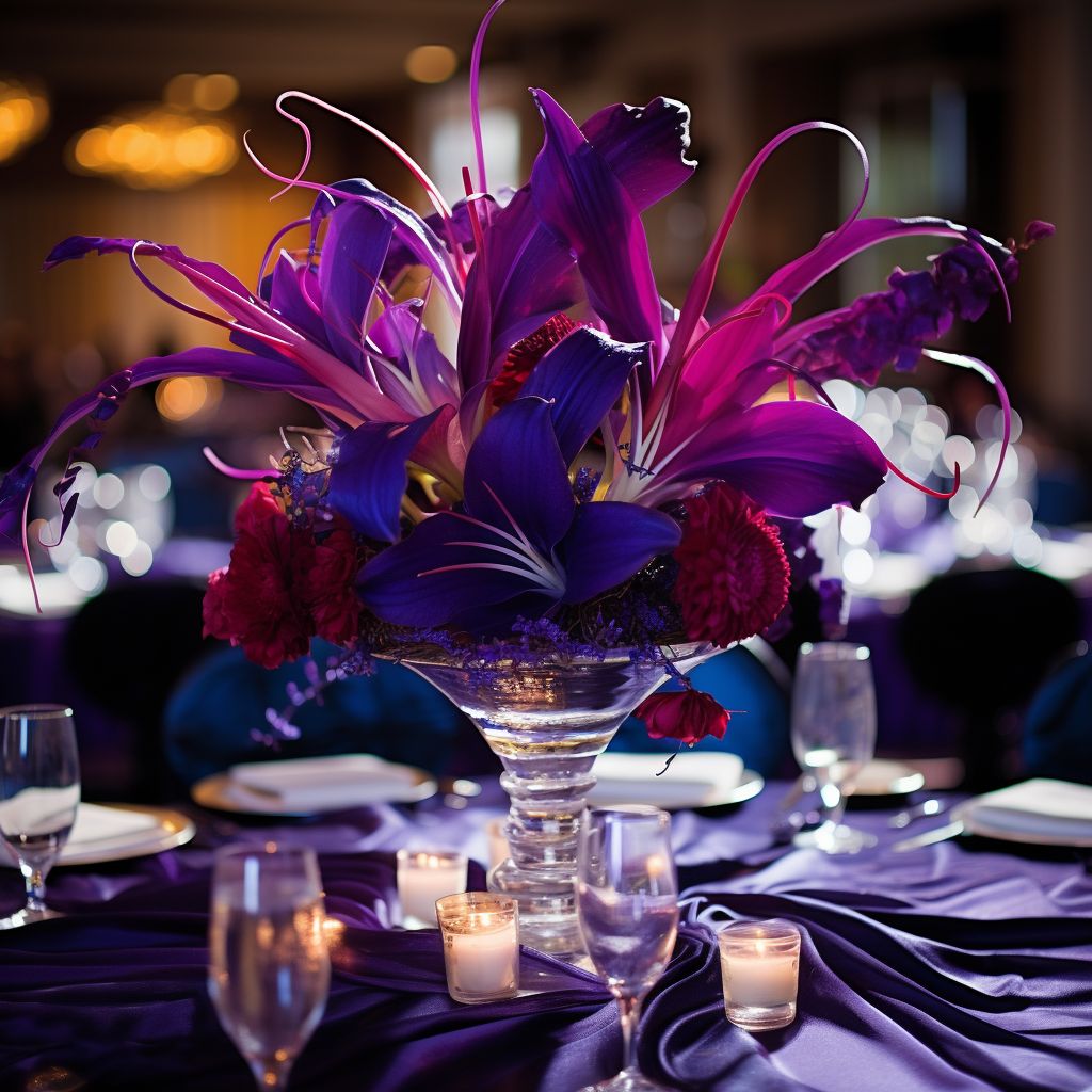 Purple lily bouquet centerpiece on formal dining table with candles and place settings