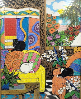 Art deco painting of colorful interior with cats on furniture, patterned decor, plants and window overlooking landscape