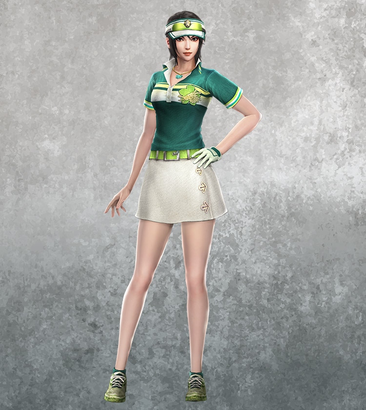 Xingcai in a green tennis polo shirt and white skirt with green sneakers, Dynasty Warriors character
