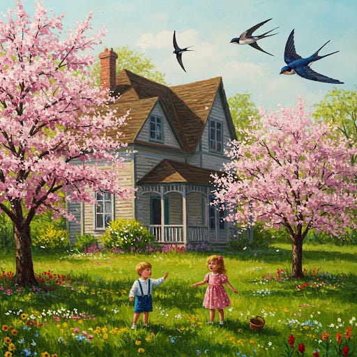 Cottage with pink cherry blossoms, children in meadow, swallows flying