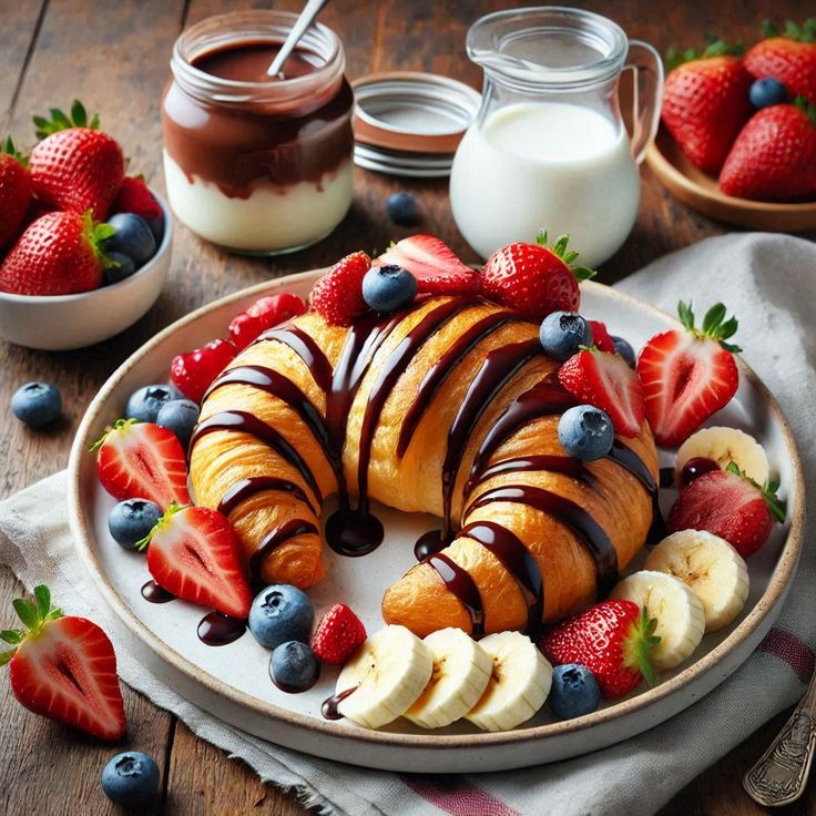 Chocolate-drizzled croissant ring with strawberries, blueberries, and banana slices on a plate