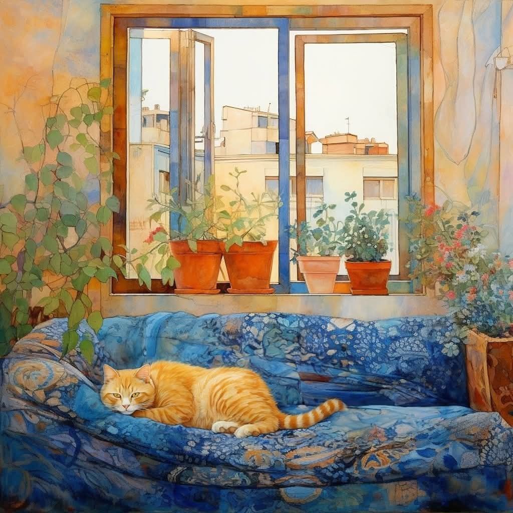 Orange cat curled up sleeping on blue patterned couch near window with plants