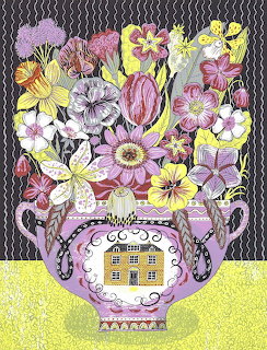 Illustration of a decorative purple vase shaped like a house filled with various colorful flowers