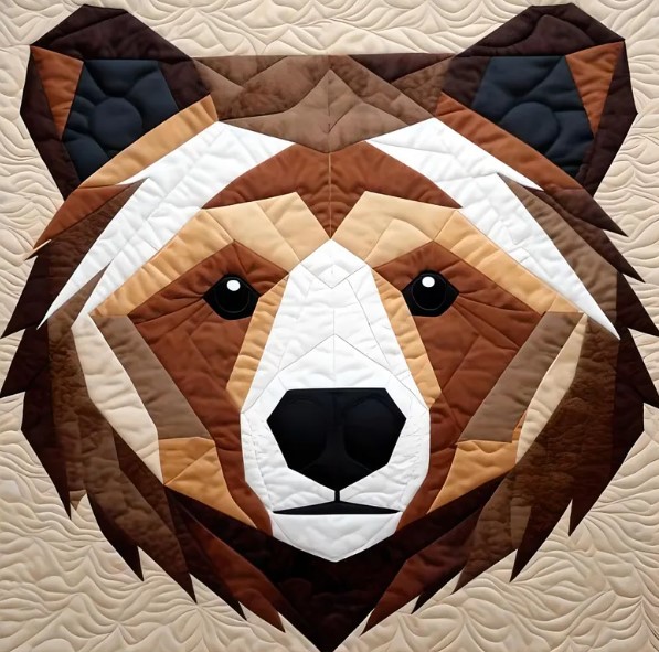 Geometric quilted bear face made of triangular fabric patches in earth tones