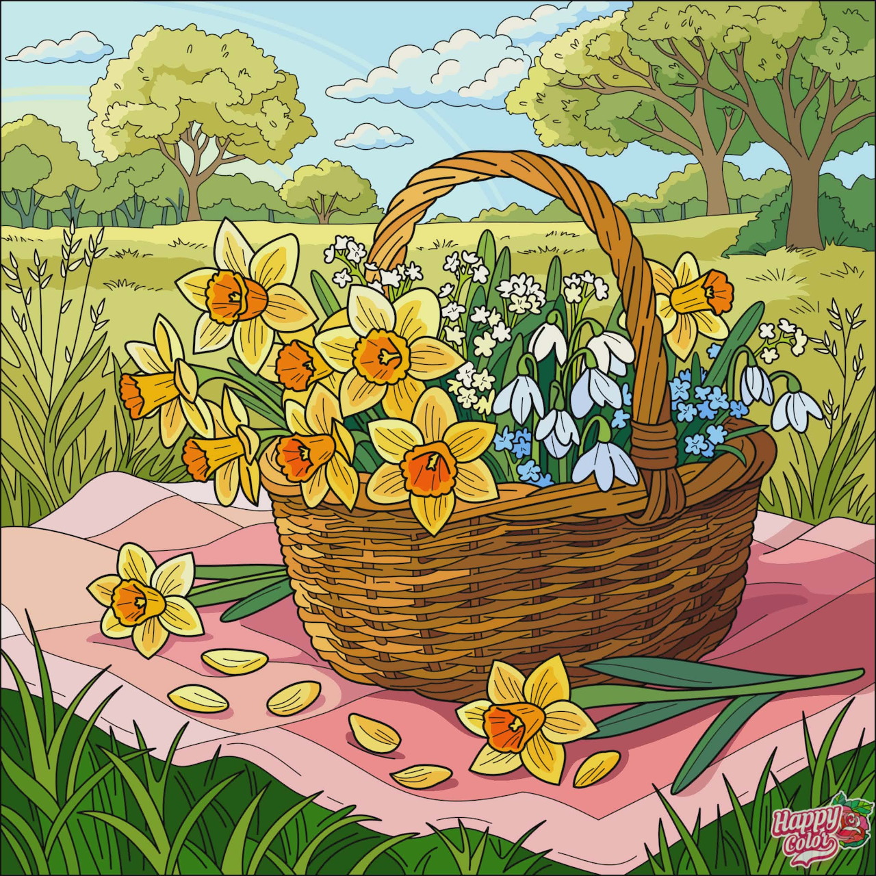 Wicker basket with yellow and white flowers on pink cloth in garden