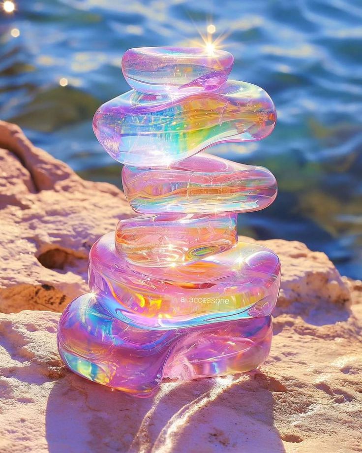Iridescent stacked glass sculpture on rocky shore by blue water