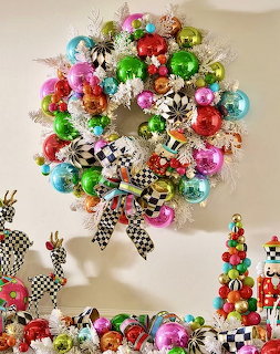 Colorful Christmas wreath with shiny ornaments, checkered ribbons, and pine cones on wall