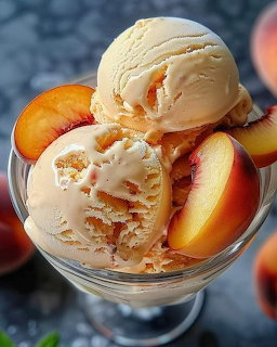 Two scoops of peach ice cream with fresh peach slices in a glass bowl
