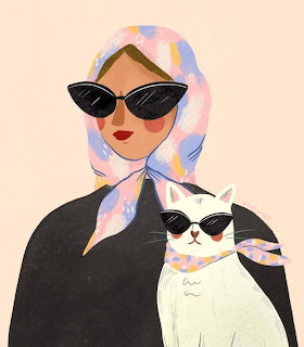 Illustration of a woman gently holding a cat