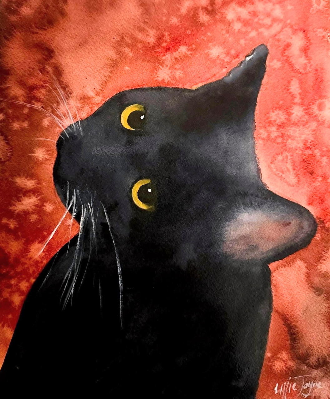 Painted portrait of a black cat with yellow eyes on a red background