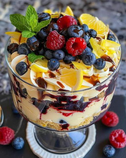Layered trifle dessert with berries, cream, and cake in a glass pedestal bowl topped with fresh mint