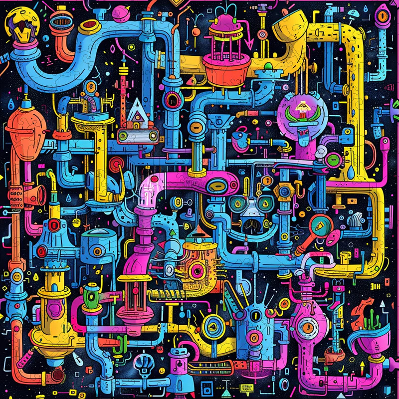 Colorful abstract illustration of tangled pipes, valves, and whimsical machines