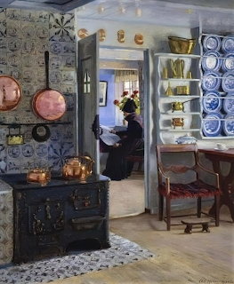 Painting of woman reading in traditional interior with decorative plates and copper cookware on walls