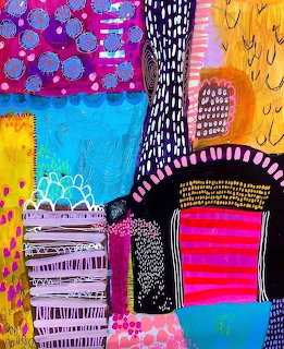 Colorful abstract collage with geometric patterns, dots, stripes and varied textures in bright pink, orange, blue and black