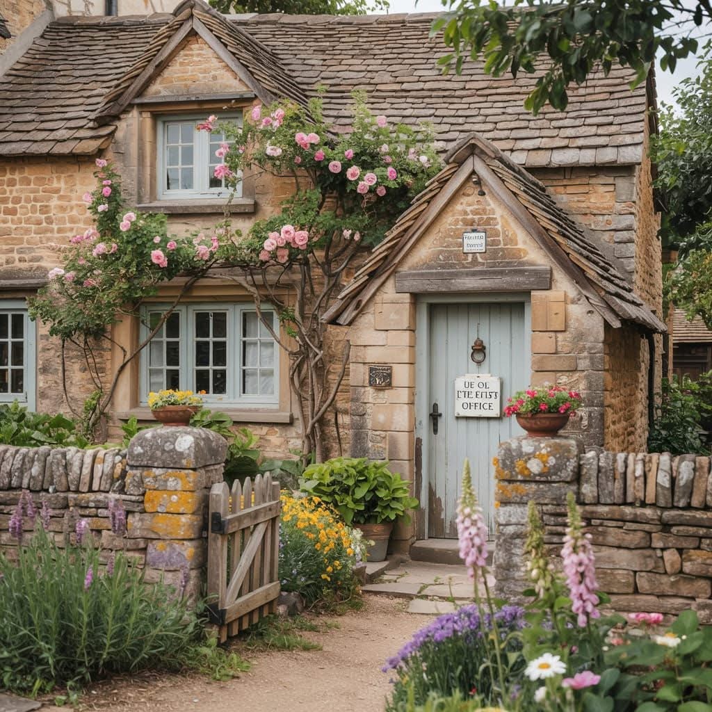 Traditional English stone cottage with roses climbing walls, white door, and blooming garden behind wooden gate