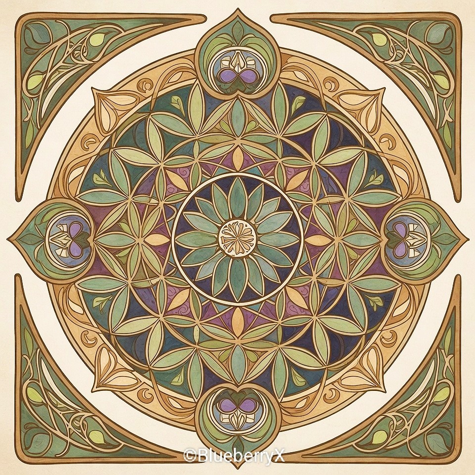 Circular floral mandala with geometric patterns in green, gold, and purple tones