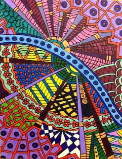 Colorful hand-drawn zentangle art with geometric patterns, sunburst rays, and bold doodle designs