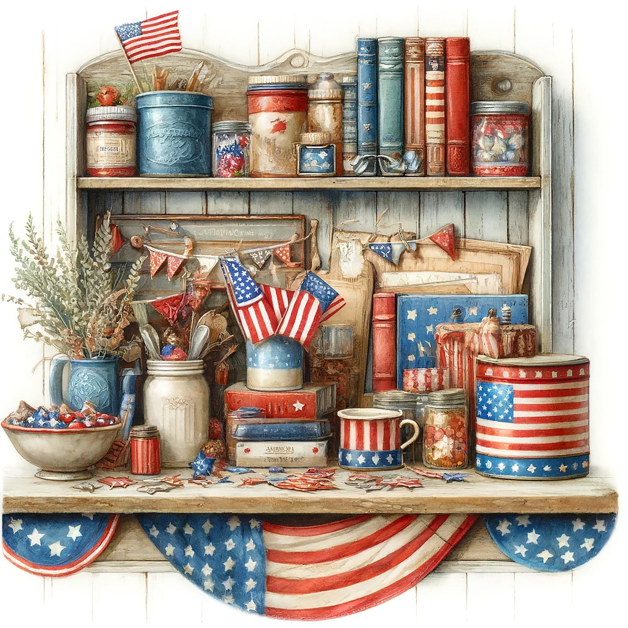 Illustration of a rustic kitchen shelf with vintage containers, books, bowls, and American flags