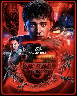 Stranger Things poster with characters and red atmospheric lighting showing supernatural elements