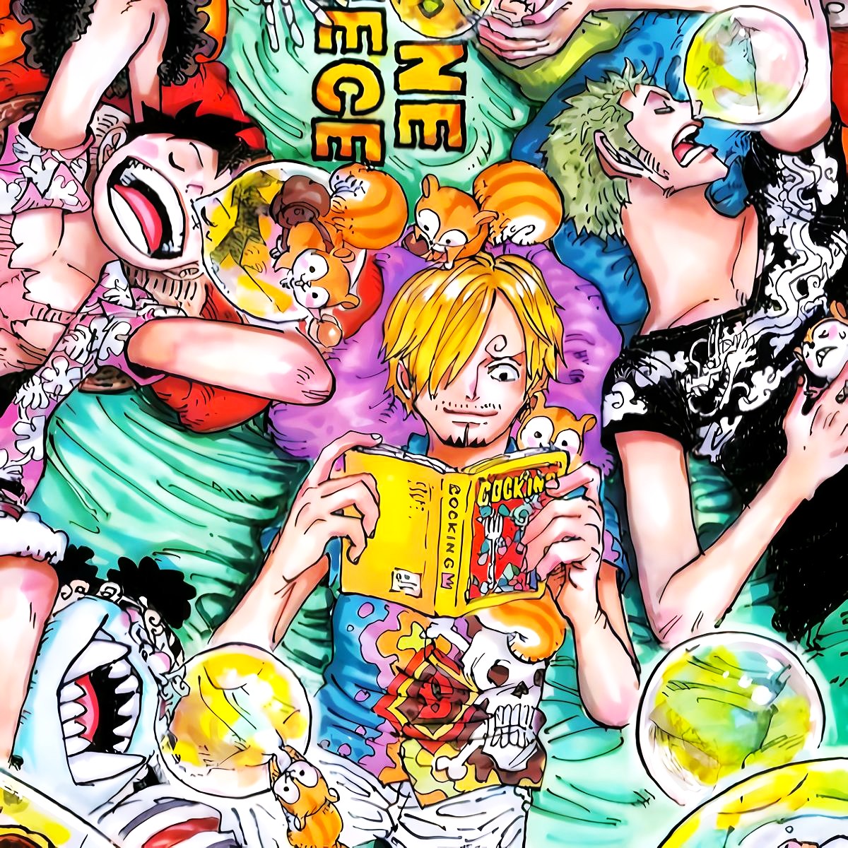 Colorful ONE PIECE anime character collage with Luffy at center surrounded by crew members and vibrant graphics