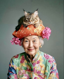 Smiling elderly woman in colorful floral clothes wearing an orange hat with a fluffy cat on top