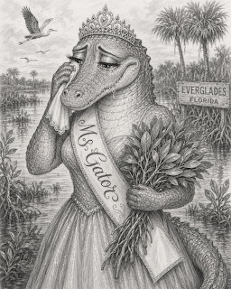 Pencil drawing of an alligator in a beauty pageant dress with tiara and sash reading Ms Gator in the Everglades