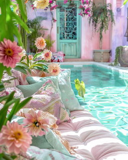 Turquoise pool with pastel cushions and pink flowers in a sunny courtyard