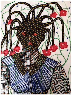 Colorful illustration of African woman with braids, red flowers, and patterned clothing