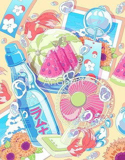 Colorful anime summer collage with watermelon, citrus slices, sandals, backpack, and tiny red-haired characters