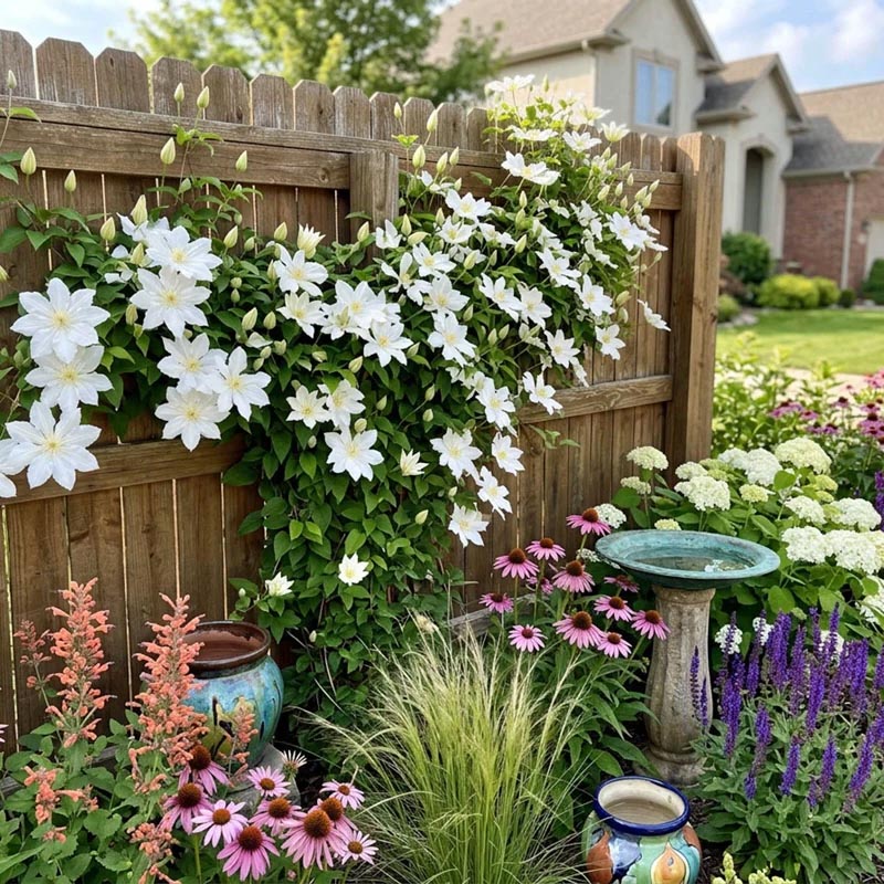 White flowers cascading over wooden fence with colorful garden plants and pottery below