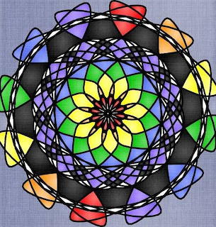 Colorful geometric mandala with flower pattern and overlapping circles in yellow, green, red, orange, purple, and black