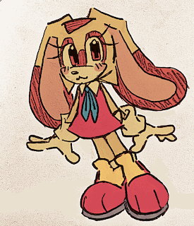 Hand-drawn cartoon of Cream the Rabbit character in a red dress with long floppy ears