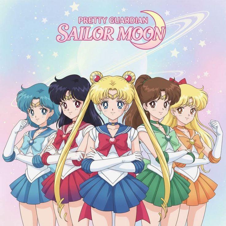 Anime characters from Sailor Moon posing together in colorful sailor uniforms