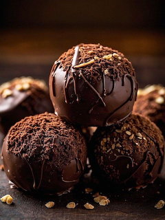 Stack of round chocolate truffles coated in cocoa powder with coffee beans on dark background